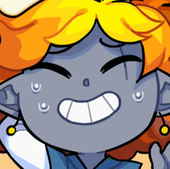 Icon of an original character, a fire genasi, a race from the popular tabletop roleplaying game Dungeons & Dragons. He is smiling nervously with his eyes closed.